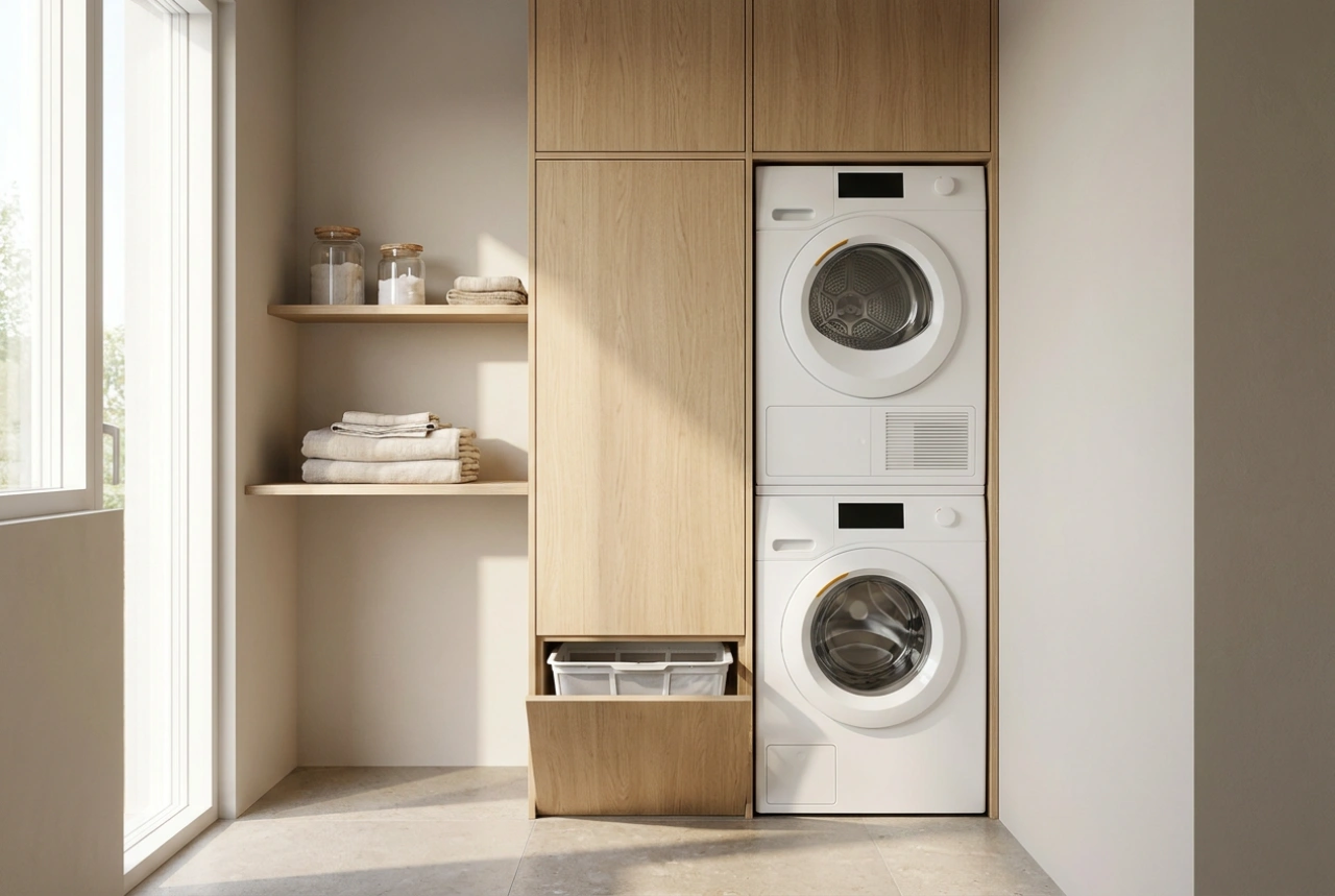 Mobilier încorporat pentru mașina de spălat și uscător cu acces la filtre