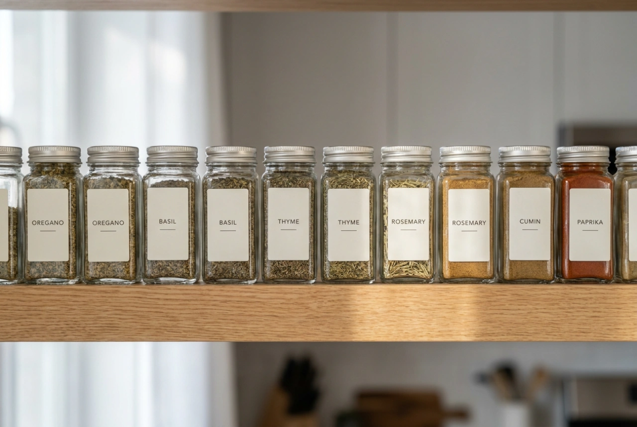 Cum să organizezi borcanele de condimente cu etichete perfect aliniate