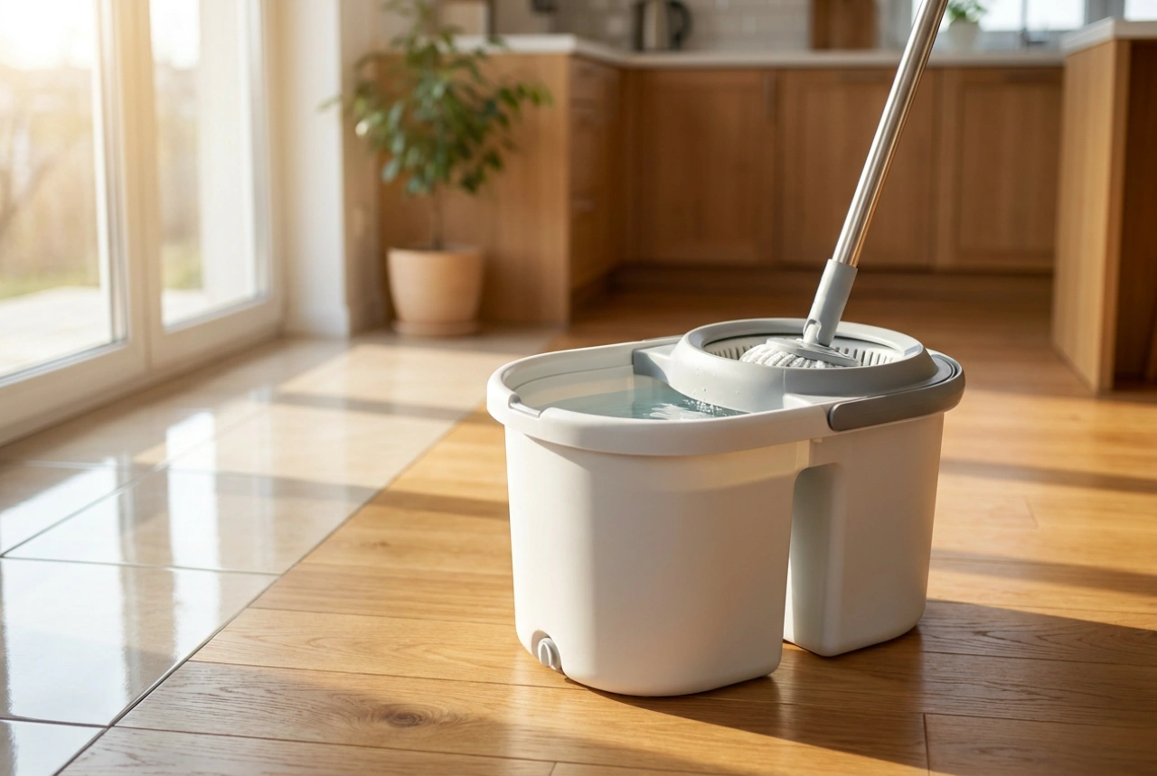 Cum să speli podelele cu un mop cu găleată cu două compartimente pentru apă curată și murdară