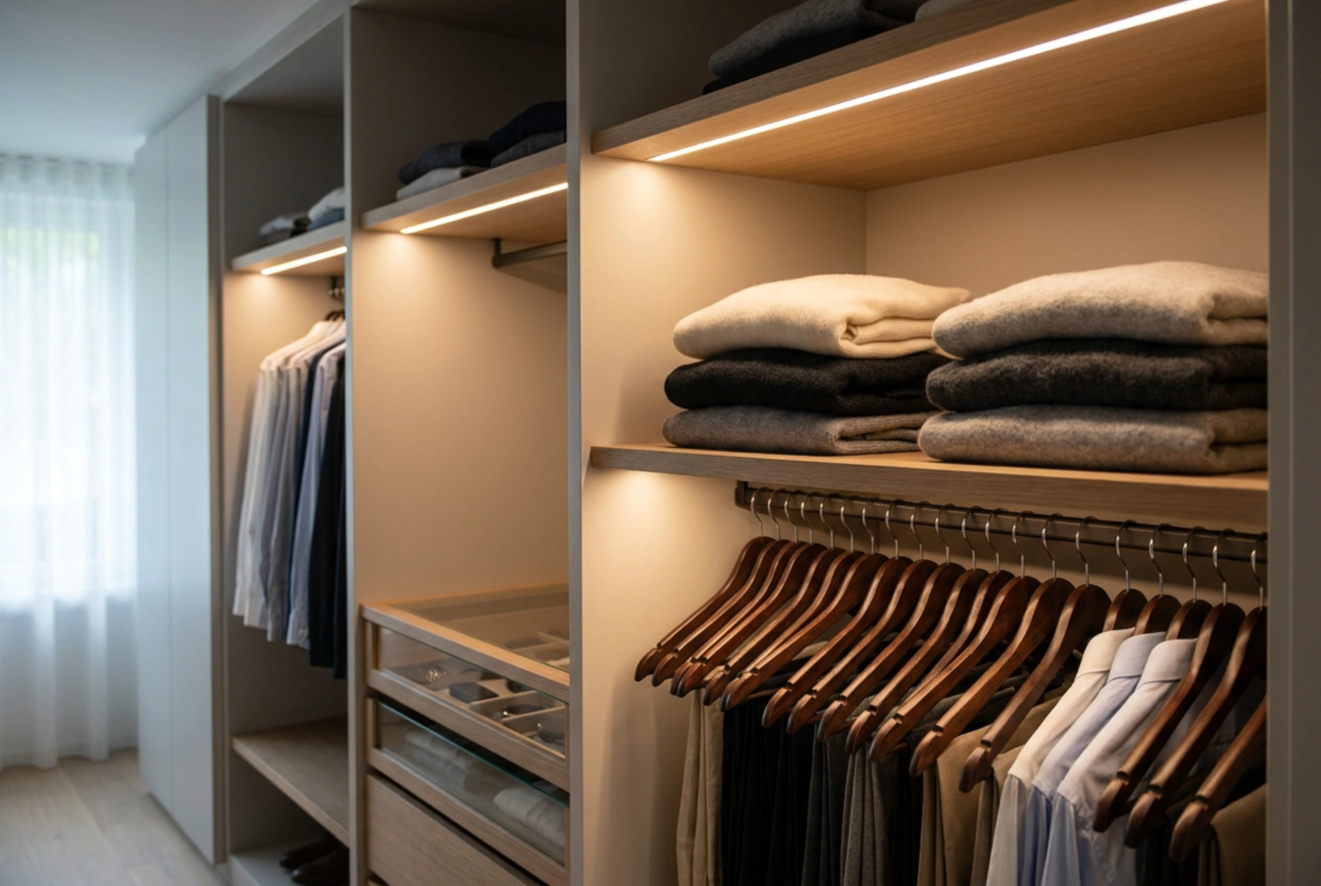 Iluminarea dulapului cu senzor de mișcare fără haos în dressing