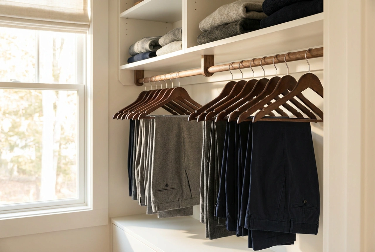 Cum să planifici suportul pentru pantaloni în dressing pentru a economisi spațiu